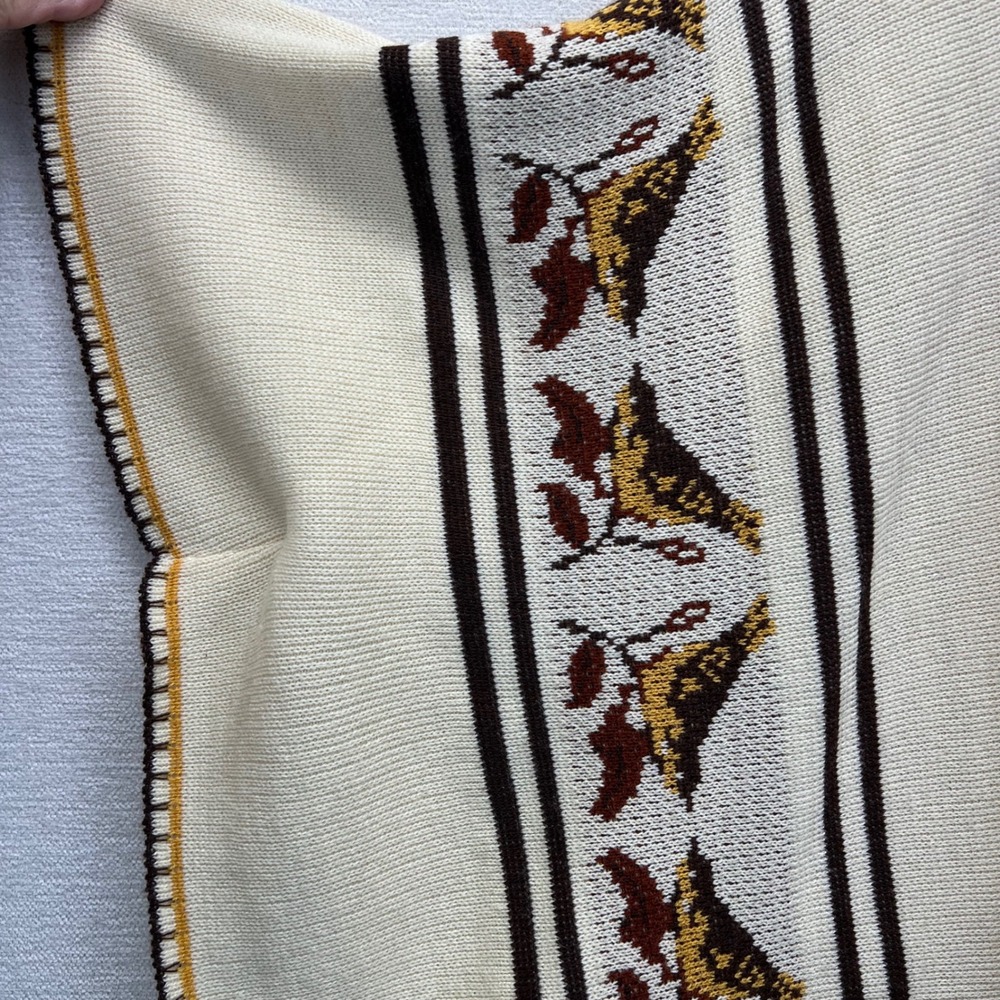 Vintage 70s Sweater Poncho Serape Womens OS Cream Brown Fringe Tie Front Cape - Picture 2 of 10